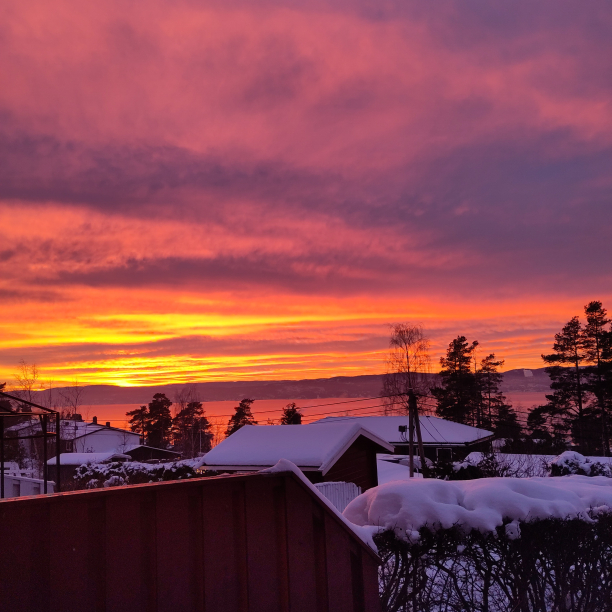 A winter wonderland landscape with an even more yellow sunset.