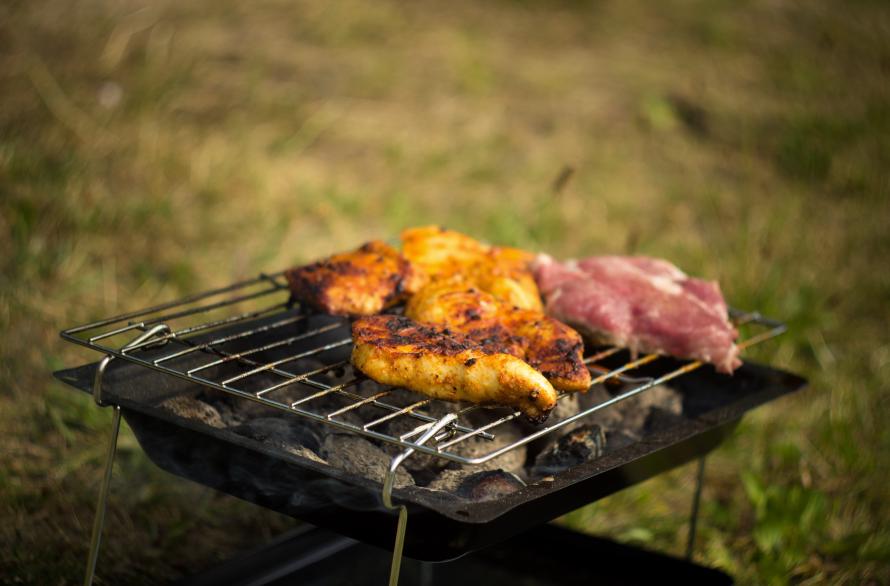 A disposable BBQ grill.