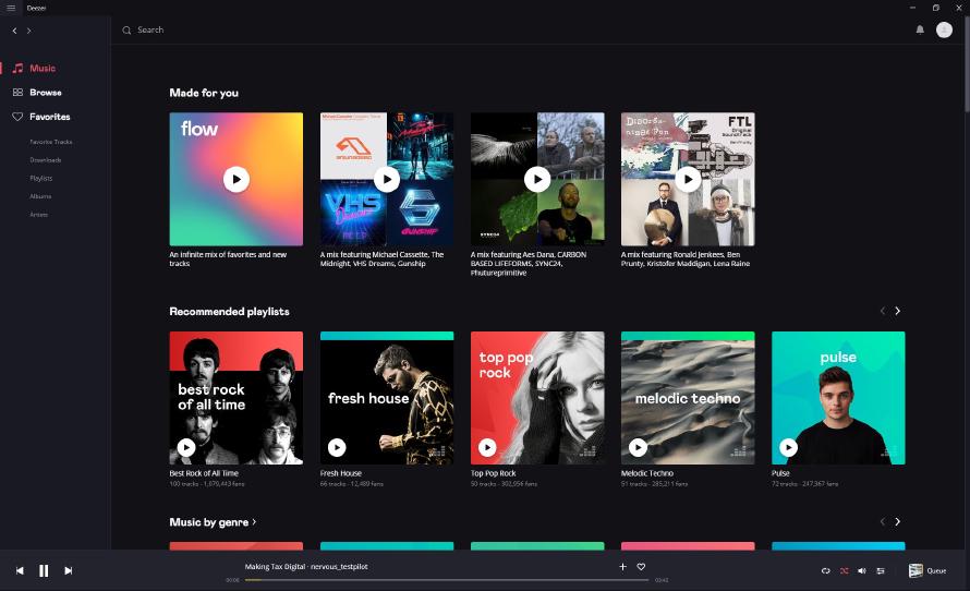 Deezer main window in dark mode.