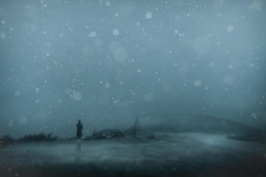 A person standing in the distance in a rainy landscape.