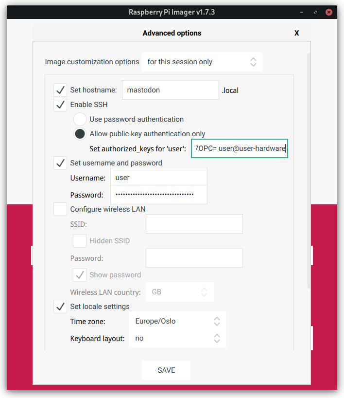 Example of Raspberry Pi Imager advanced settings for a Mastodon server