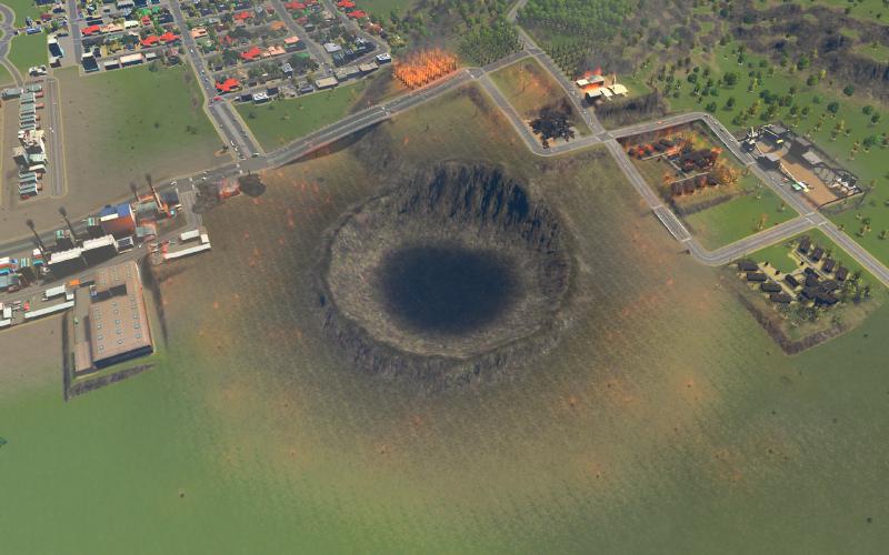 The meteor crater, and some fires around it.