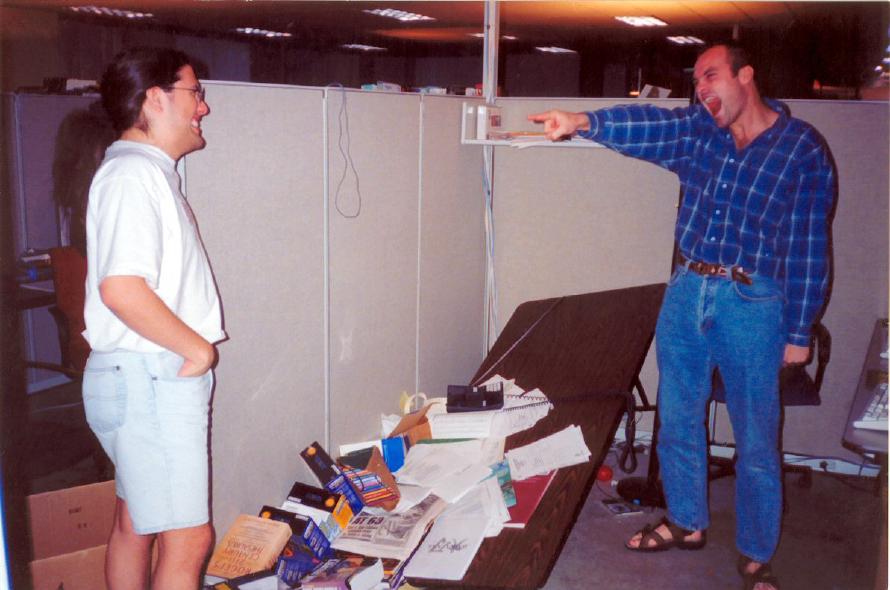 1997 @ Ion Storm after losing @ Deathmatch Noel is laughing at me & my demolished desk and computer #tbt #quake