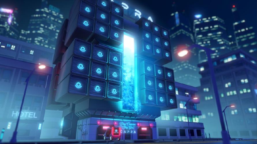 Screenshot from Neo Cab showing a Capra capsule hotel at night.