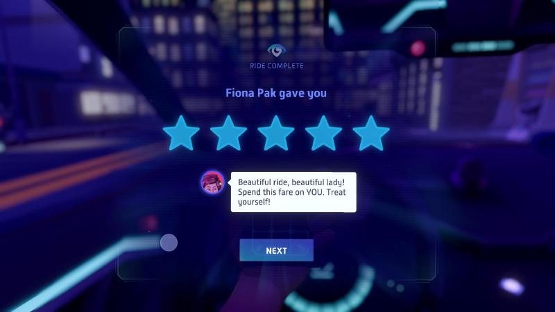 Screenshot from Neo Cab showing a ride end rating of 4 with the comment "Beatiful ride, beatiful lady! Spend this fare on YOU. Treat yourself!"