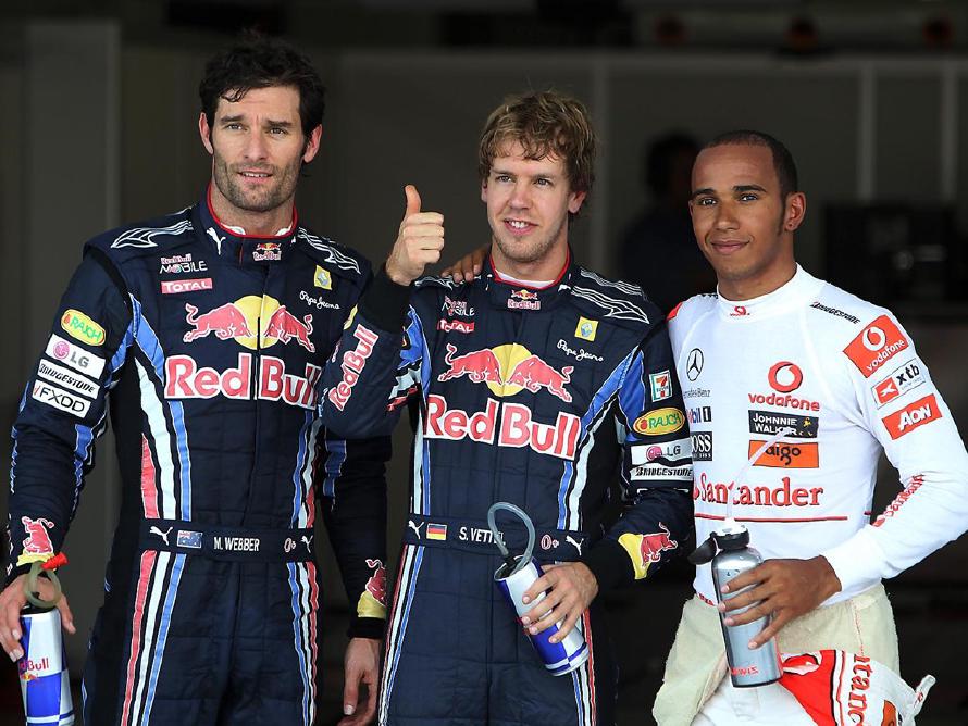 Qualifying parc ferme (L to R): Mark Webber (AUS) Red Bull Racing, second; Sebastian Vettel (GER) Red Bull Racing, pole position; Lewis Hamilton (GBR) McLaren, third (Before penalty). Formula One World Championship, Rd 16, Japanese Grand Prix, Race Day, Suzuka, Japan, Sunday, 10 October 2010