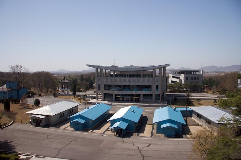 Inside the DMZ. The South Korean border goes straight through the houses (you can see the divider).