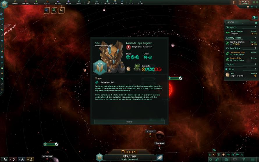 The Stellaris user interface displaying the opening dialogue.