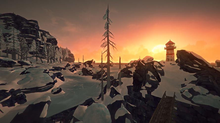 The Long Dark screenshot showing a light house in the sunset (or perhaps sunrise).