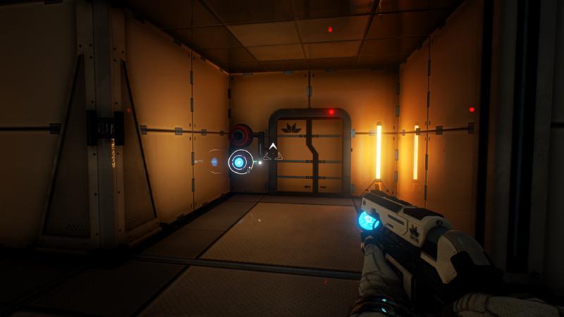 Screenshot from The Turing Test showing the energy gun-thingy used to solved puzzles.