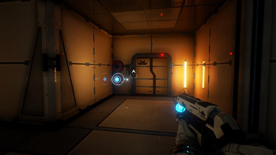 Screenshot from The Turing Test showing the energy gun-thingy used to solved puzzles.