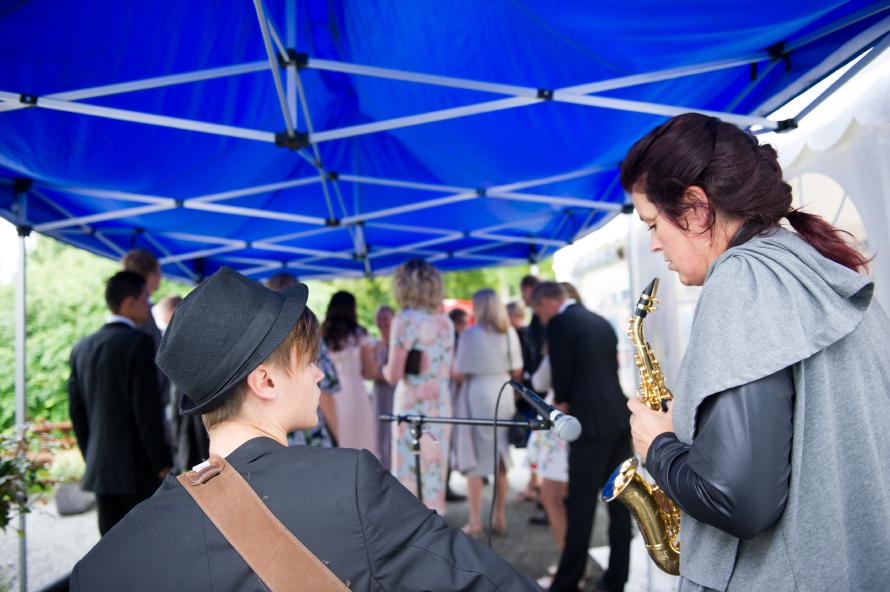 Musicians getting ready for the ceremony.