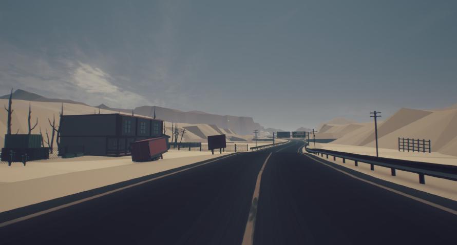 Screenshot from UNDER the SAND showing the exterior of a saloon, and a road through the desert.