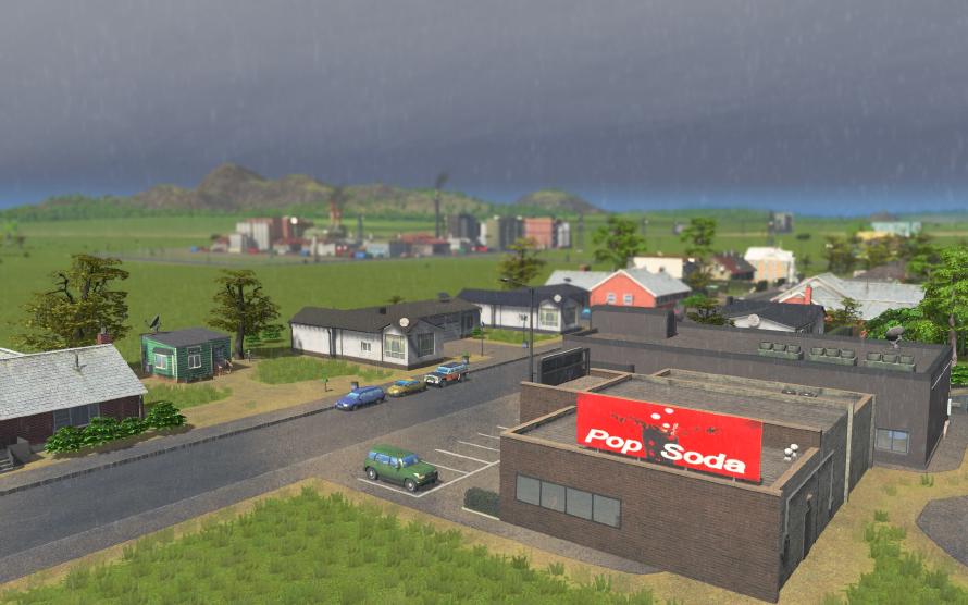 Screenshot from Cities: Skylines showing a general store with a residential district in the background.