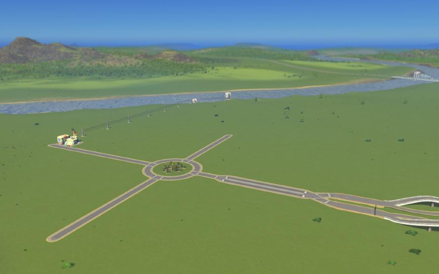 Screenshot from Cities: Skylines showing the first few roads of Marble Cliffs.