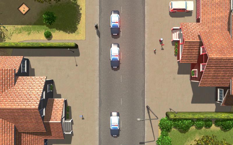 Screenshot from Cities: Skylines showing an overhead view of three police cars respond with blue lights.