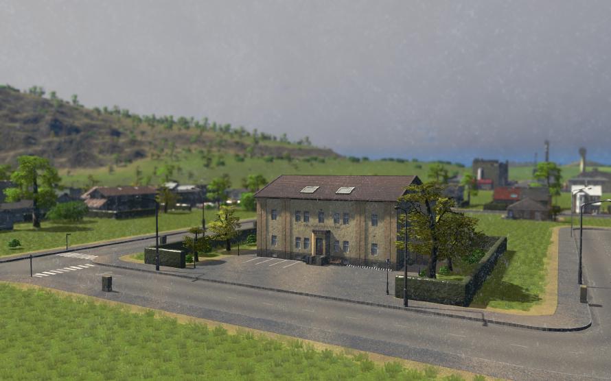 Screenshot from Cities: Skylines showing Marble Cliffs’ famous Stone Rock Elementary School for Averagely Gifted Children.